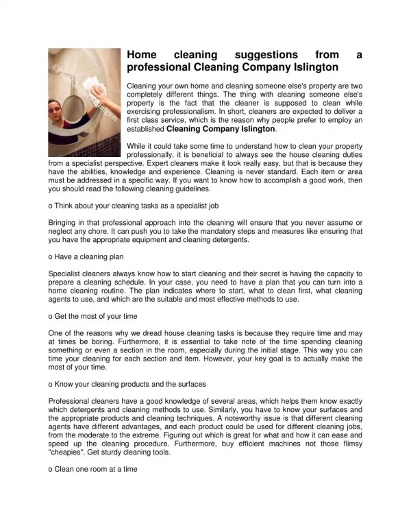 Home cleaning suggestions from a professional Cleaning Company Islington