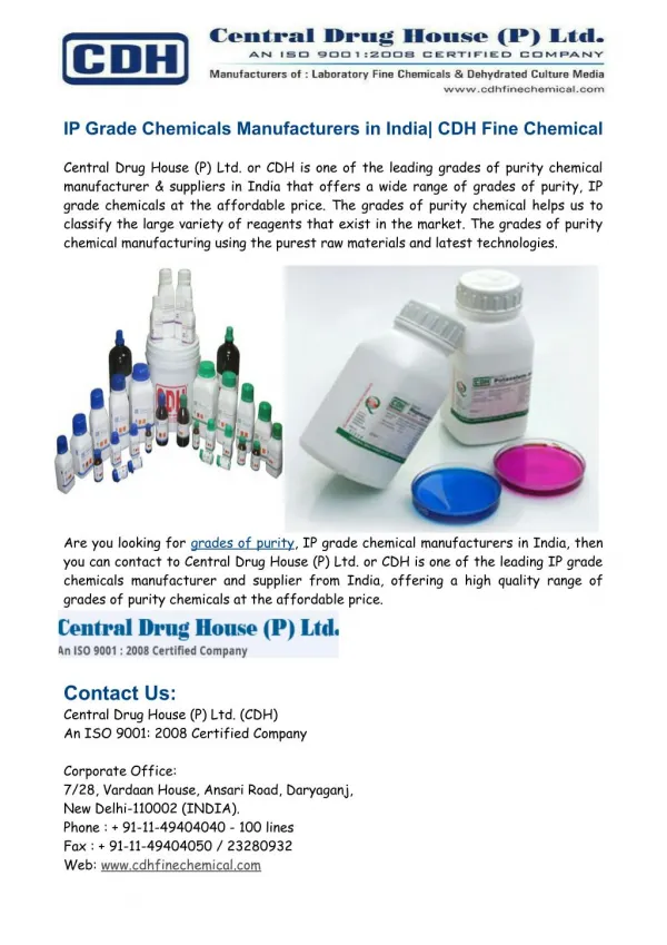 Grades of Purity, IP Grade Chemicals Manufacturers India