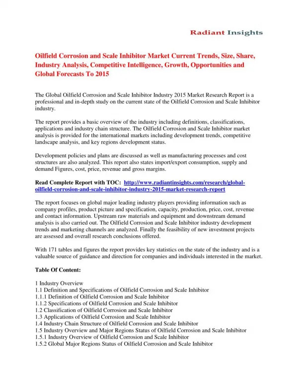 Oilfield Corrosion and Scale Inhibitor Market Strategies And Forecast 2015