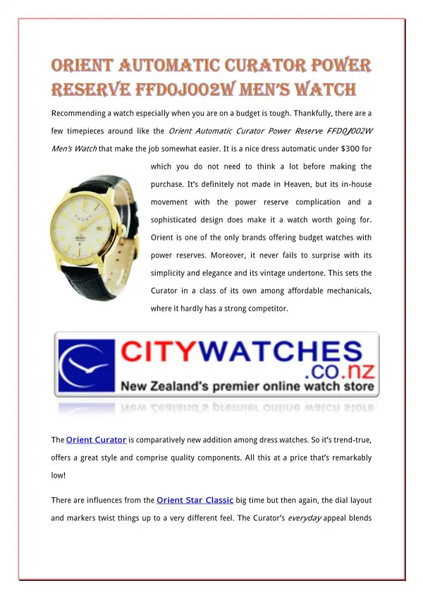 Orient Automatic Curator Power Reserve FFD0J002W Men’s Watch