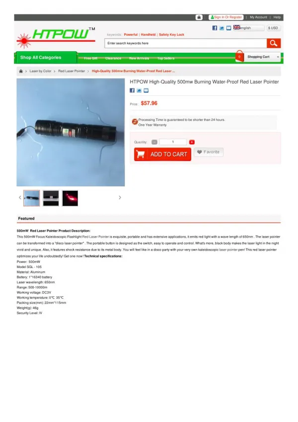 HTPOW High-Quality 500mw Burning Water-Proof Red Laser Pointer