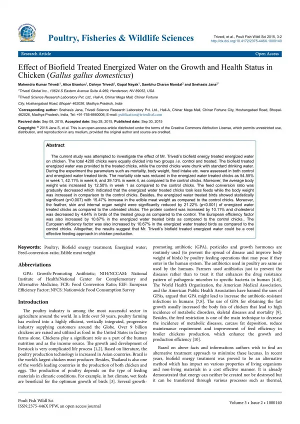 Effect of Biofield Treated Energized Water on the Growth and Health Status in Chicken (Gallus gallus domesticus)