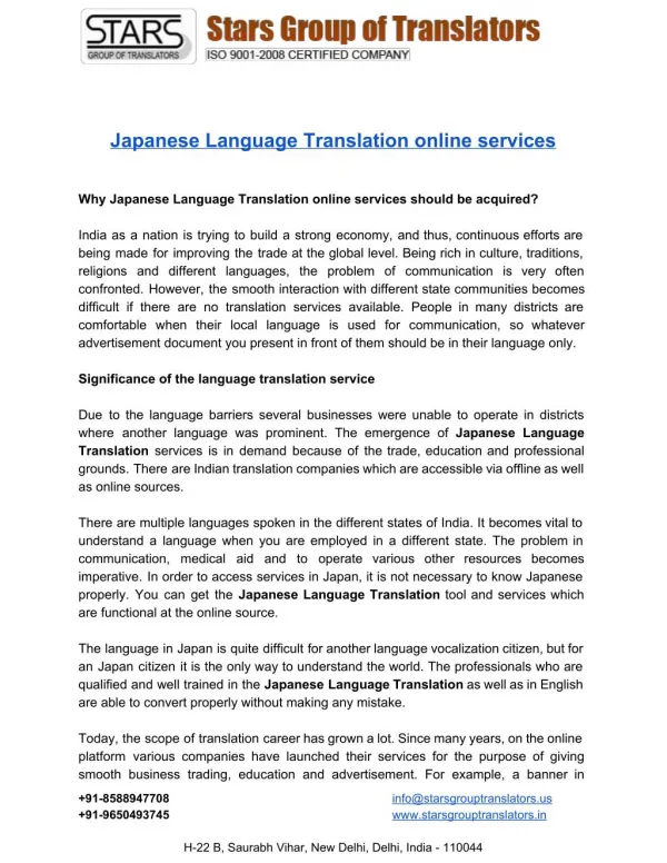 Get assisance for Japanese Language Translation Online Services..