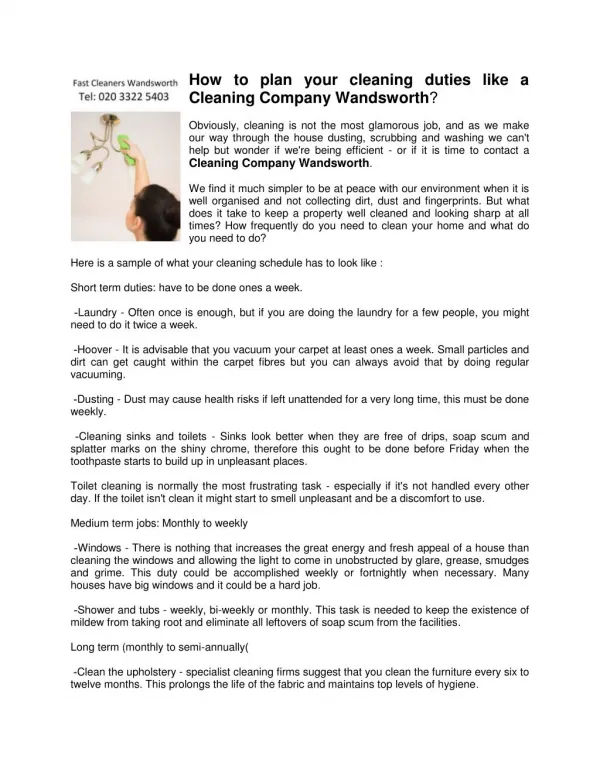 How to plan your cleaning duties like a Cleaning Company Wandsworth?