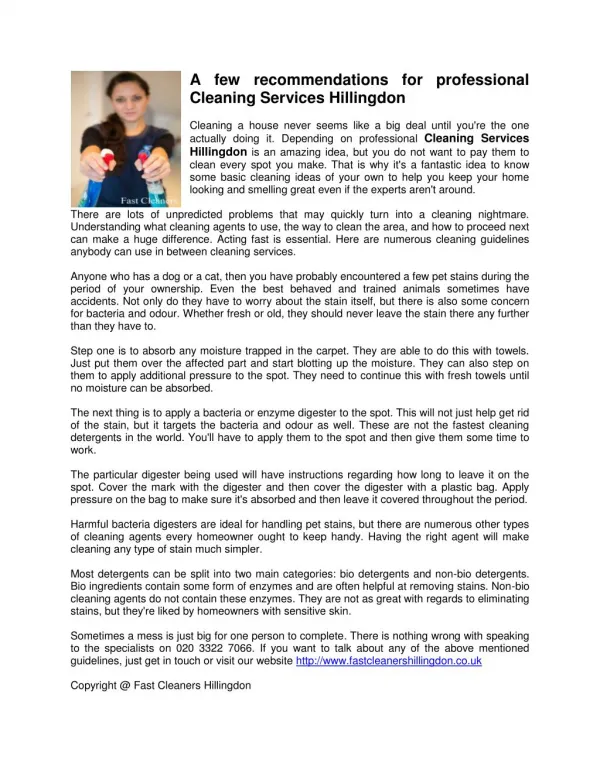 A few recommendations for professional Cleaning Services Hillingdon