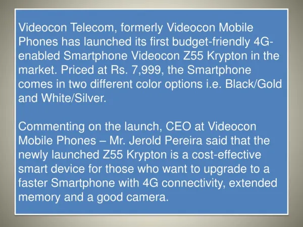 Videocon Z55 Krypton budget 4G Smartphone launched in India: Specs, Fetauers and Price