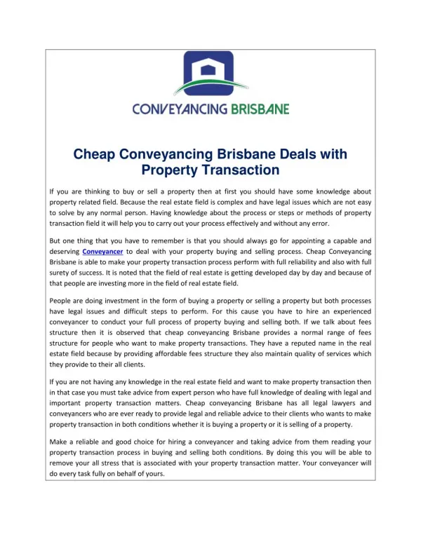 Cheap Conveyancing Brisbane Deals with Property Transaction