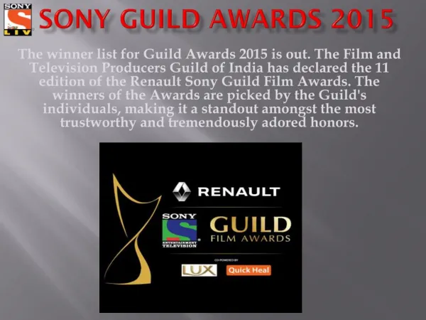 Watch Renault Sony Guild Film Awards Online - SonyLiv