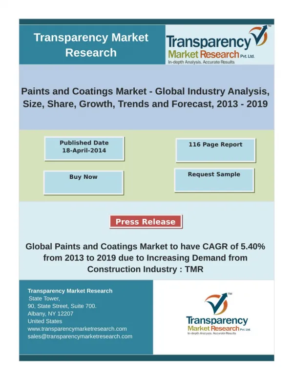 Global Paints and Coatings Market to have CAGR of 5.40% from 2013 to 2019