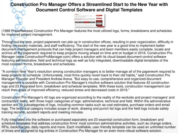 Construction Pro Manager Offers a Streamlined Start to the New Year with Document Control Software and Digital Templates
