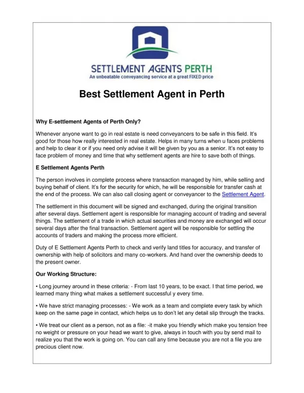 Best Settlement Agent in Perth