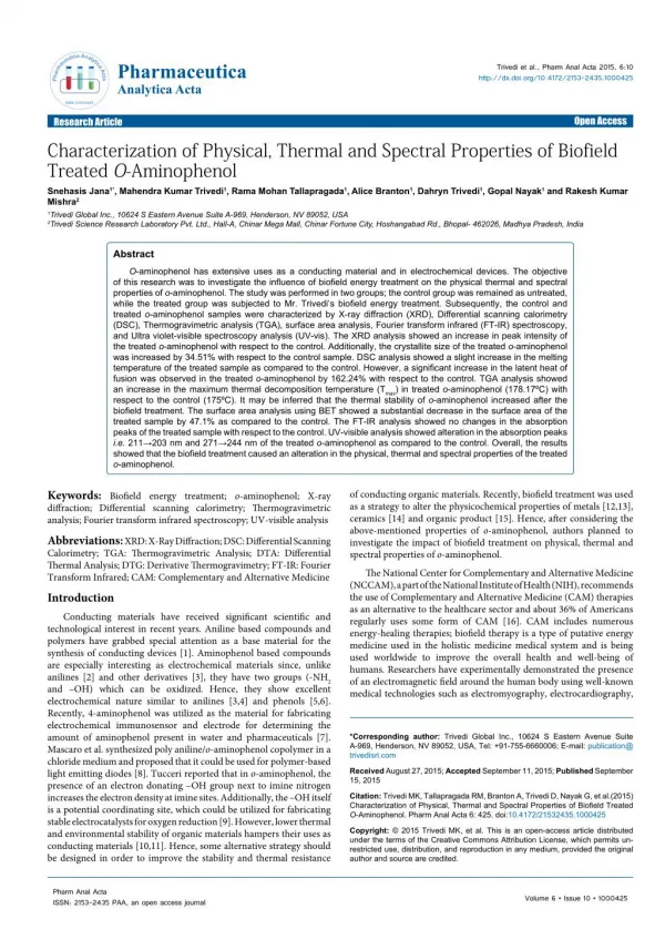 Characterization of Physical, Thermal and Spectral Properties of Biofield Treated O-Aminophenol