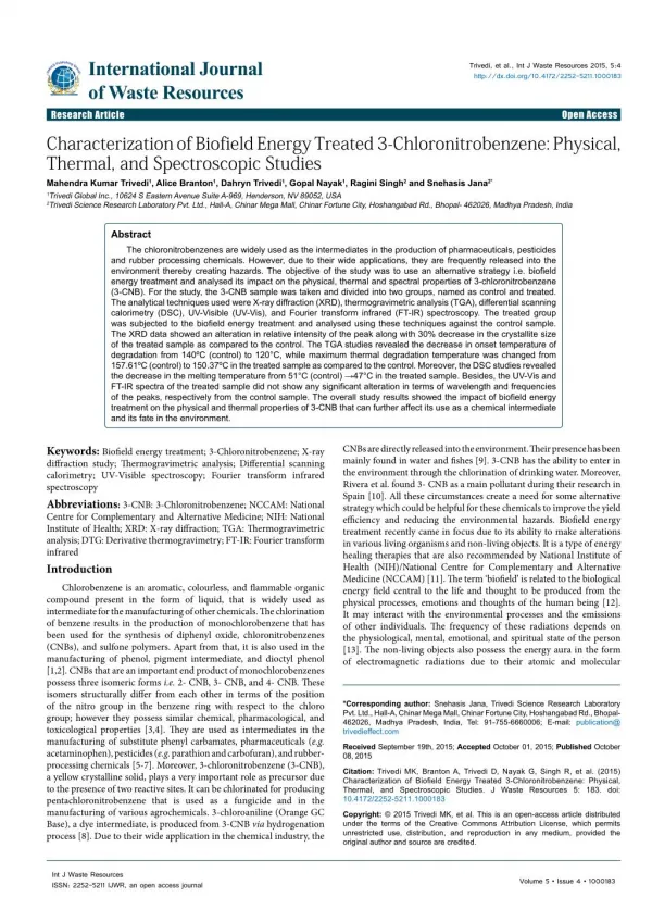 Characterization of Biofield Energy Treated 3-Chloronitrobenzene: Physical, Thermal, and Spectroscopic Studies