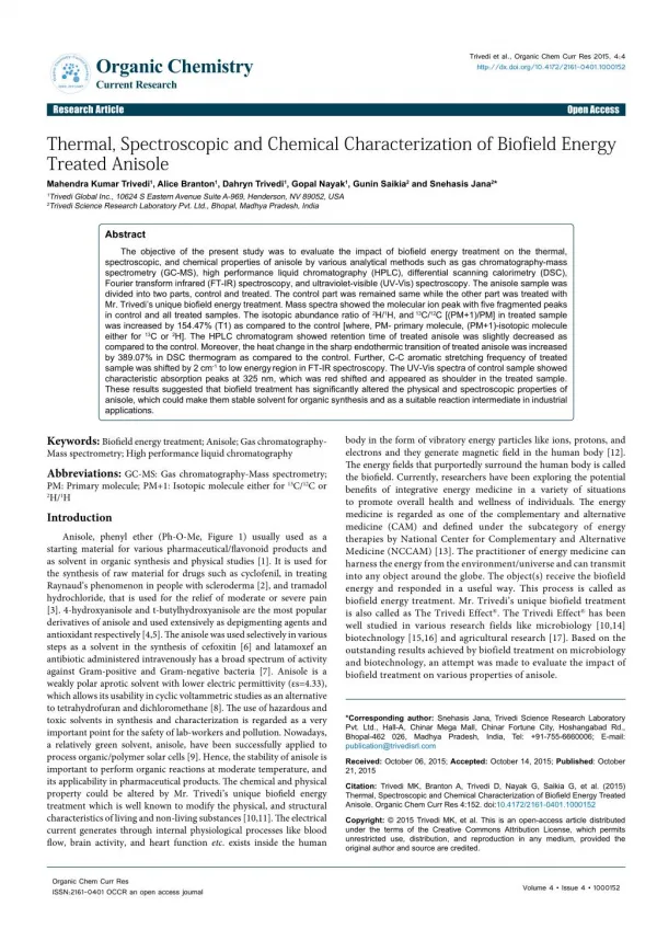 Thermal,Spectroscopic and Chemical Characterization of Biofield Energy Treated Anisole