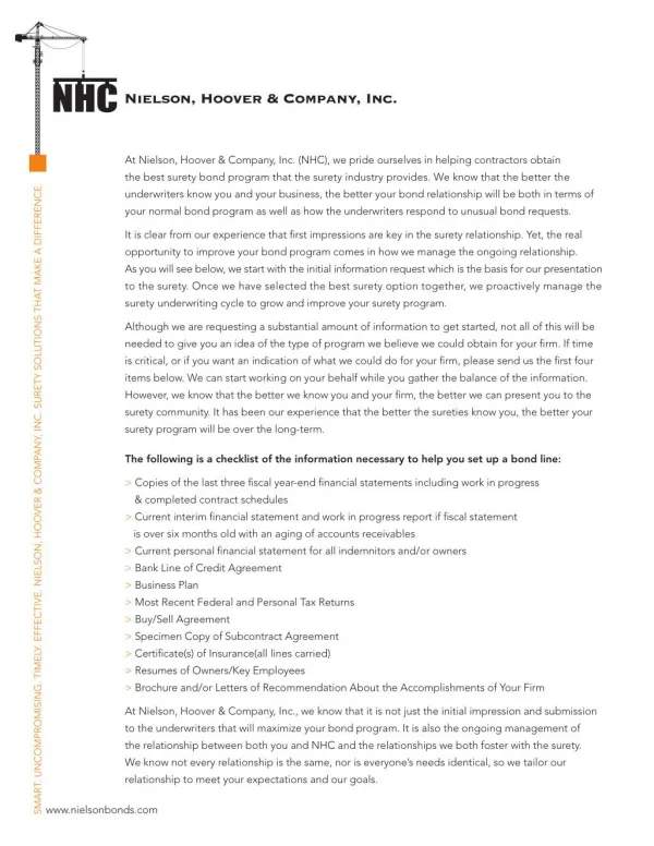 Bond Kit Cover Letter with Checklist - Nielson, Hoover & Company, Inc