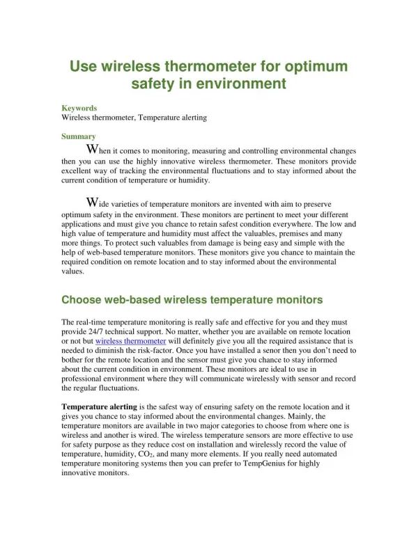 Use wireless thermometer for optimum safety in environment