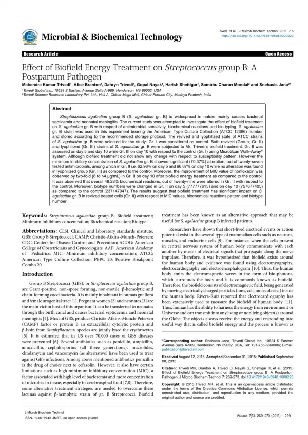 Effect of Biofield Energy Treatment on Streptococcus group B: A Postpartum Pathogen