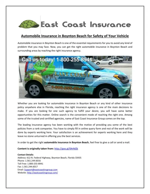 Automobile Insurance in Boynton Beach for Safety of Your Vehicle