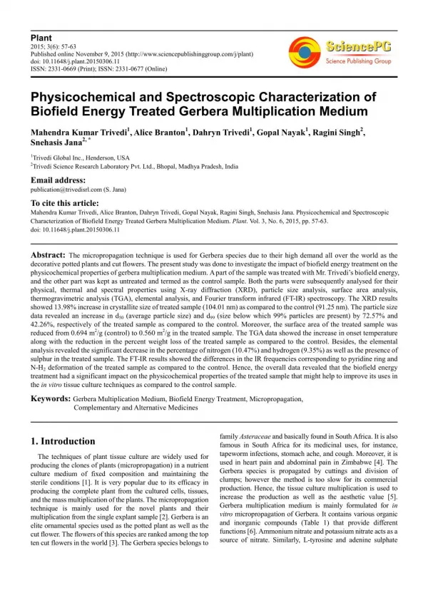 Biofield Therapy Impact on Gerbera Multiplication Medium