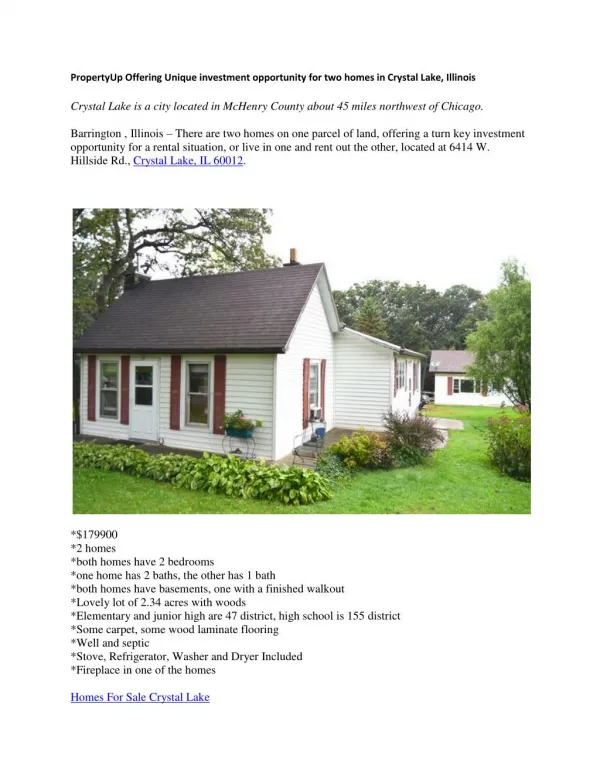 PropertyUp Offering Unique investment opportunity for two homes in Crystal Lake, Illinois
