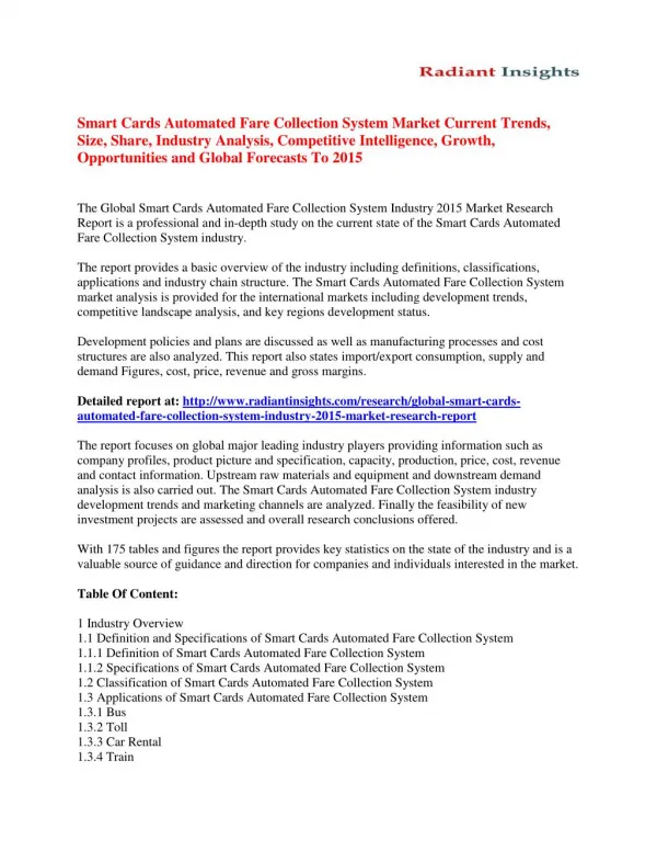 Smart Cards Automated Fare Collection System Market Future Growth, Opportunities and Forecast To 2015
