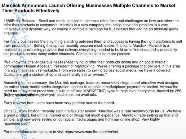 Marclick Announces Launch Offering Businesses Multiple Channels to Market Their Products Effectively