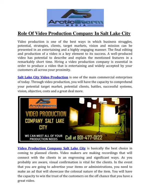 Role Of Video Production Company In Salt Lake City