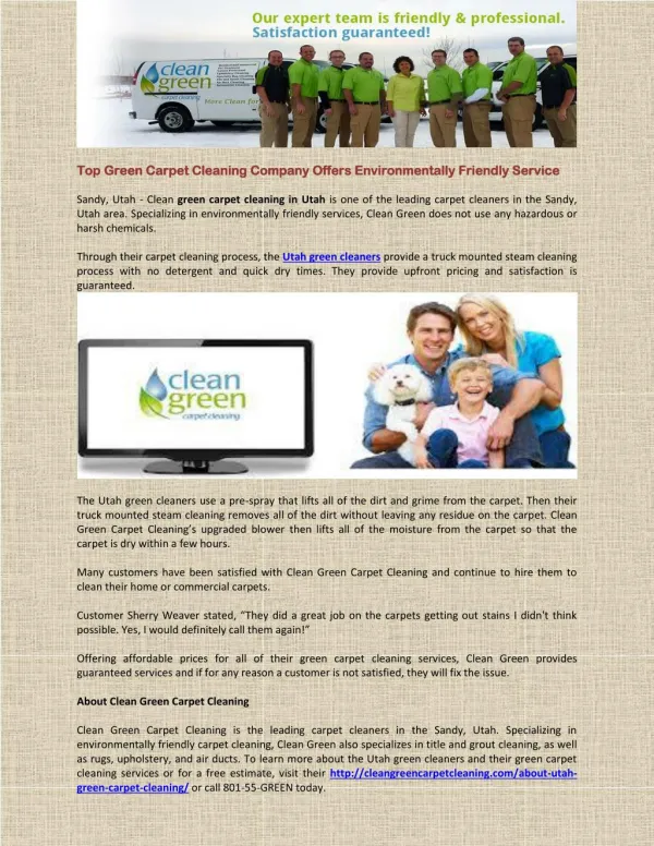 Top Green Carpet Cleaning Company Offers Environmentally Friendly Service