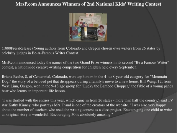 MrsP.com Announces Winners of 2nd National Kids' Writing Con