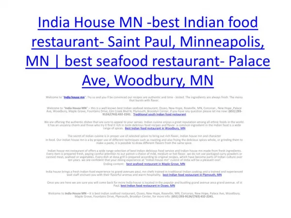 India House MN -best Indian food restaurant- Saint Paul, Minneapolis, MN | best seafood restaurant- Palace Ave, Woodbur