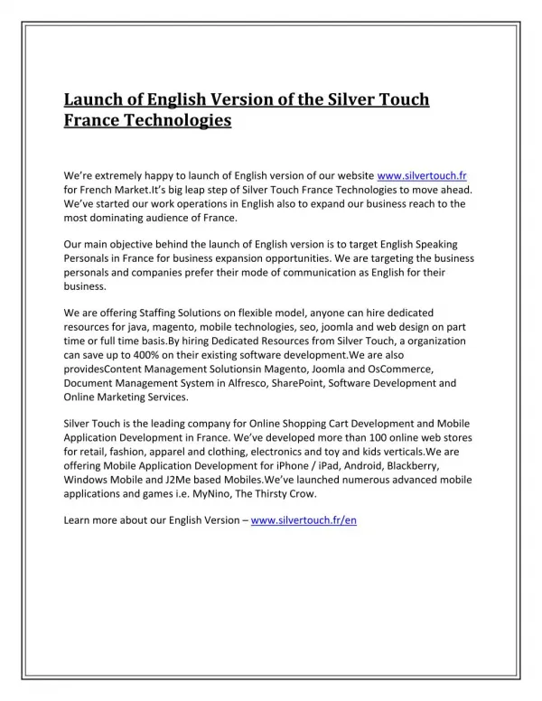 Launch of English Version of the Silver Touch France Technologies