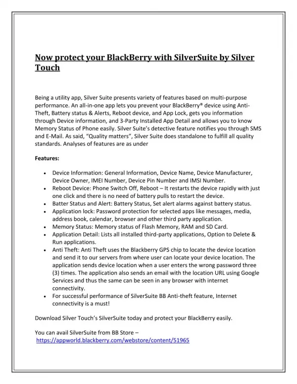 Now protect your BlackBerry with SilverSuite by Silver Touch