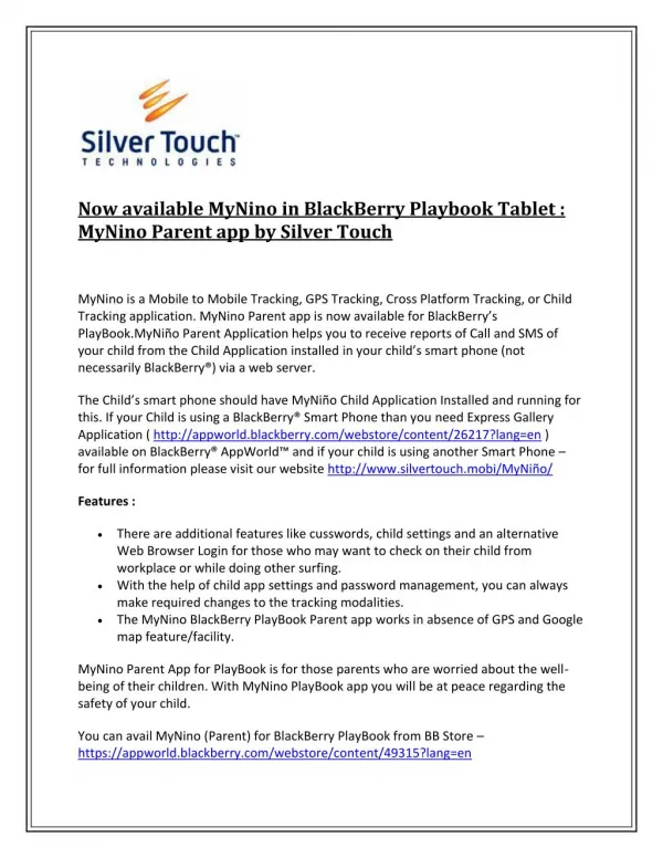 Now available MyNino in BlackBerry Playbook Tablet : MyNino Parent app by Silver Touch