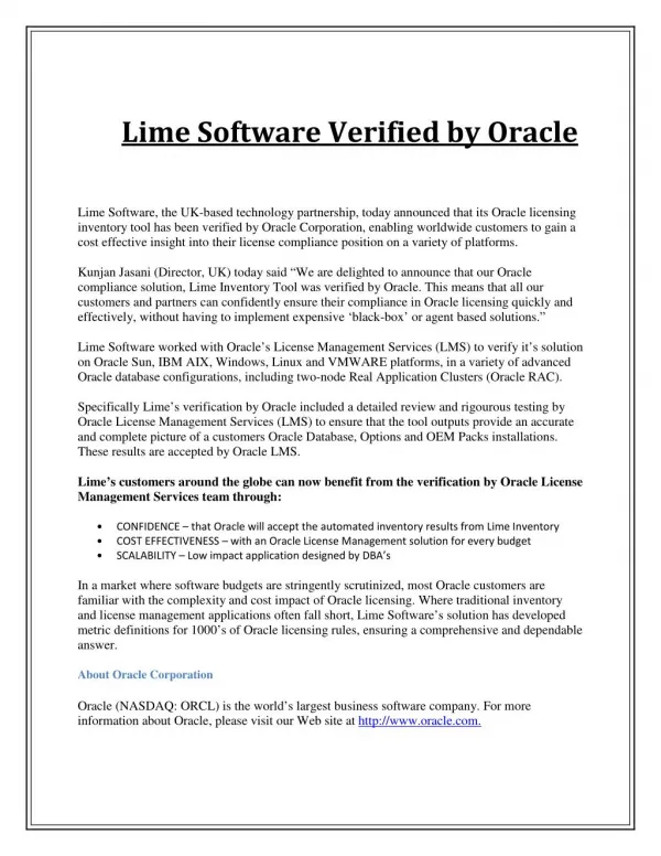 Lime Software Verified by Oracle