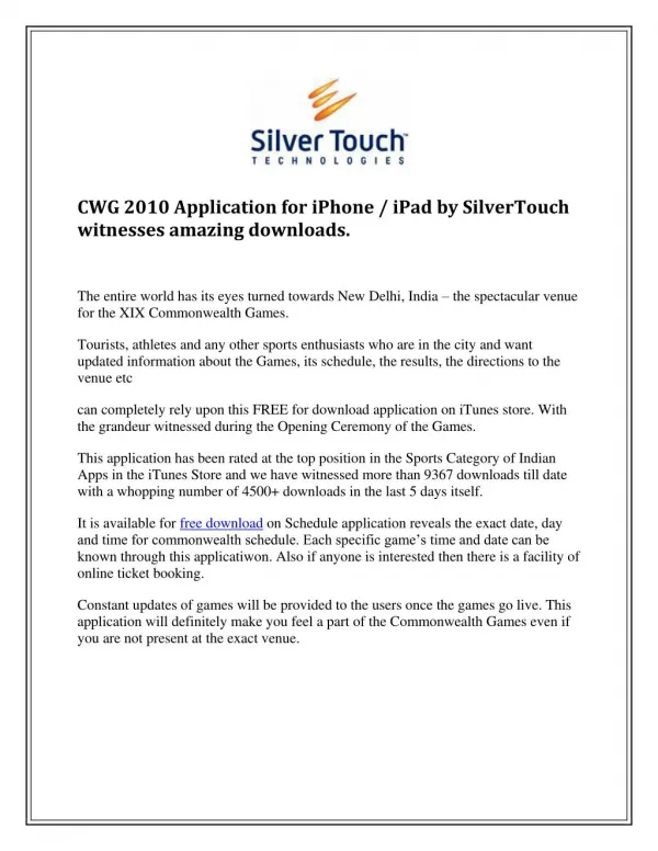 CWG 2010 Application for iPhone / iPad by SilverTouch witnesses amazing downloads