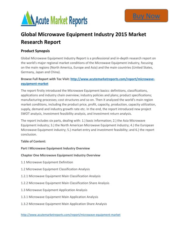 Global Microwave Equipment Analysis,Segment,Trends and Forecasts:Acute Market Reports