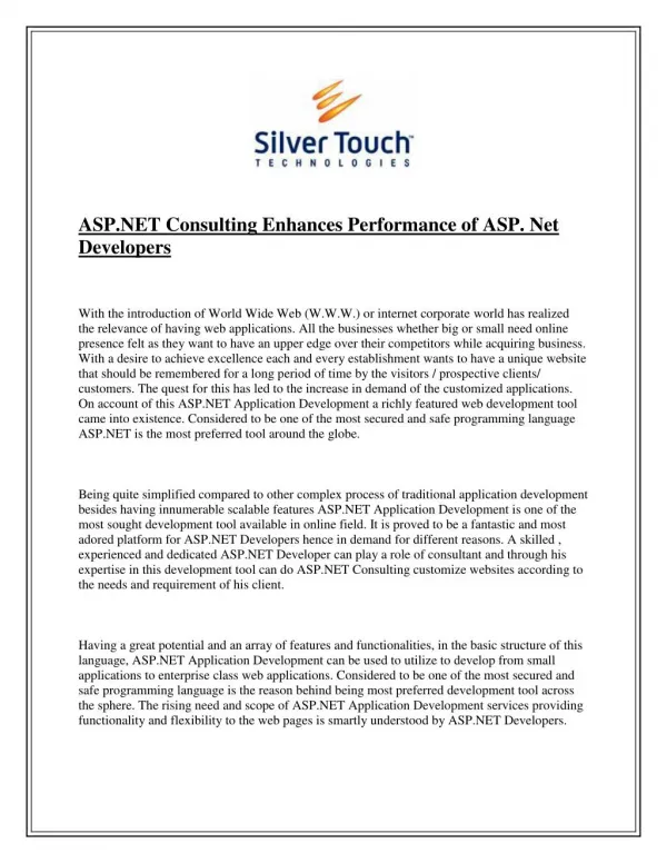 ASP.NET Consulting Enhances Performance of ASP. Net Developers