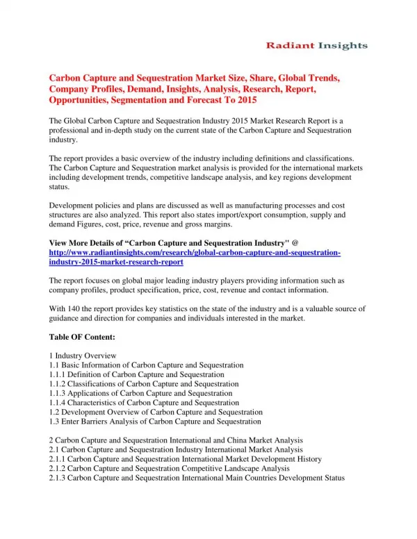 Carbon Capture and Sequestration Market Strategies And Forecast 2015