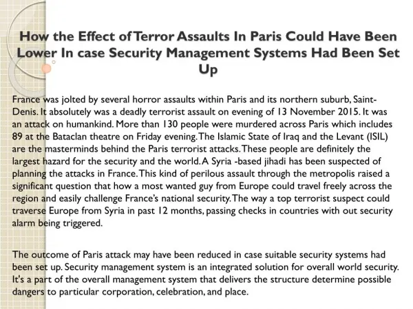 How the Effect of Terror Assaults In Paris Could Have Been Lower In case Security Management Systems Had Been Set Up