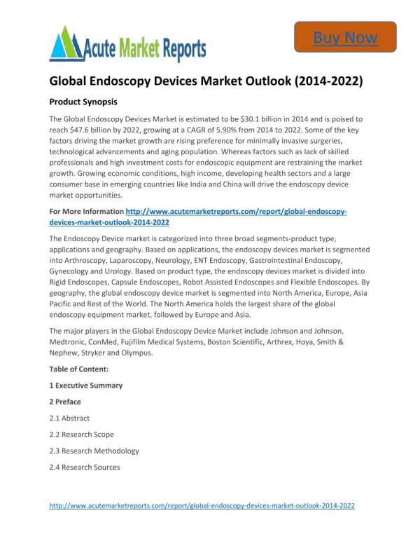 Global Endoscopy Devices Market 2014 to 2022 and Forecasts - Acute Market Reports