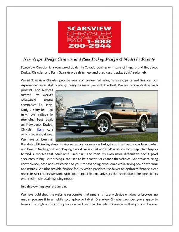 New Jeeps, Dodge Caravan and Ram Pickup Design & Model in Toronto