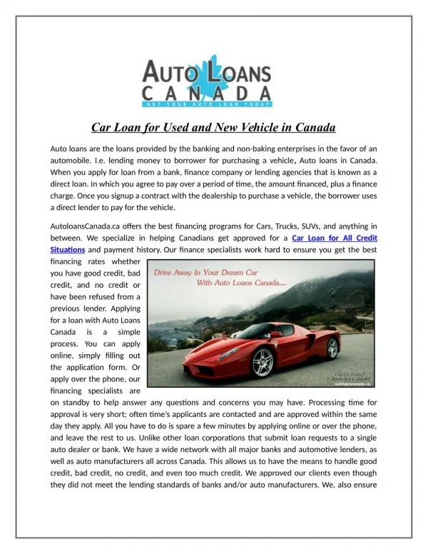 Car Loan for Used and New Vehicle in Canada