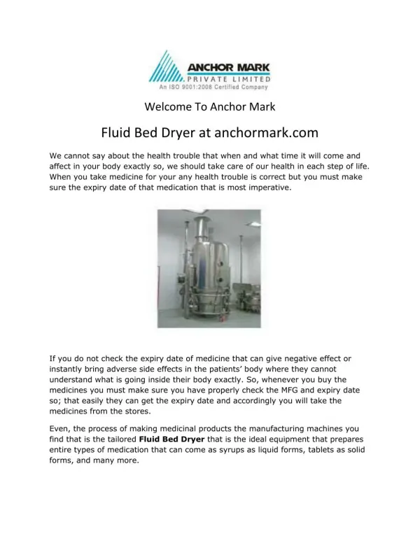 Fluid Bed Dryer at Anchormark.com