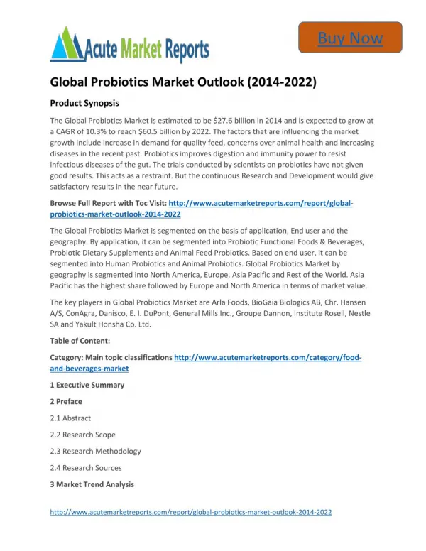 Global Probiotics Market 2014 to 2022 Trends and Forecasts:Acute Market Reports