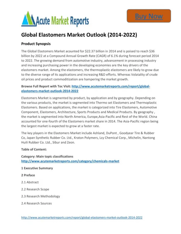 Global Elastomers Market 2014 to 2022 Growth Trends and Forecast,by Acute Market Reports