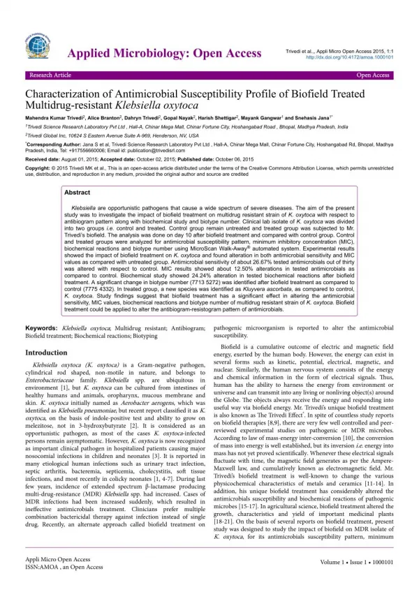 Antimicrobial Susceptibility Assay on Klebsiella Oxytoca