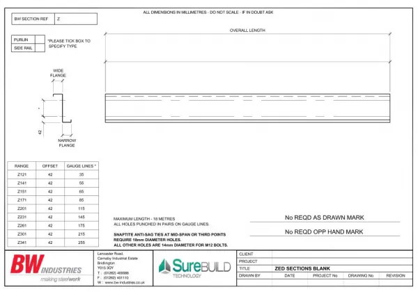 BW Purlin & Side Rail Section Detail Sheets - Purlin Sizes