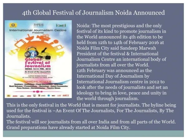 4th Global Festival of Journalism Noida Announced
