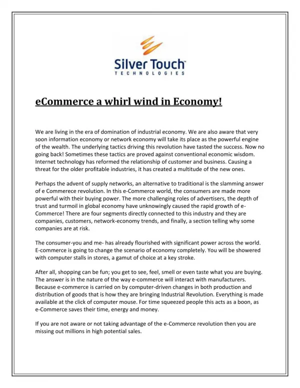eCommerce a whirl wind in Economy!