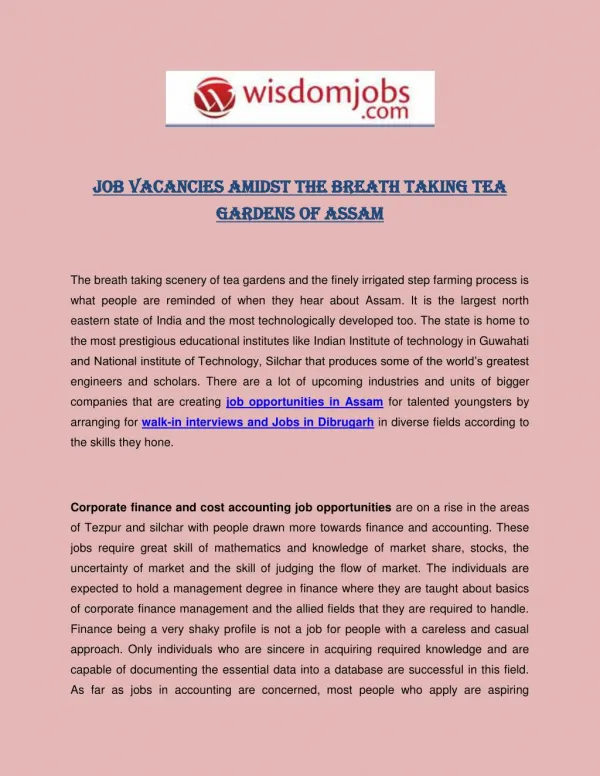 Job Vacancies Amidst The Breath Taking Tea Gardens Of Assam